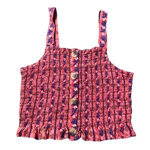 Pink Floral Size M Western Fairy Cottagecore Boho Button Front Ruffle Crop Top